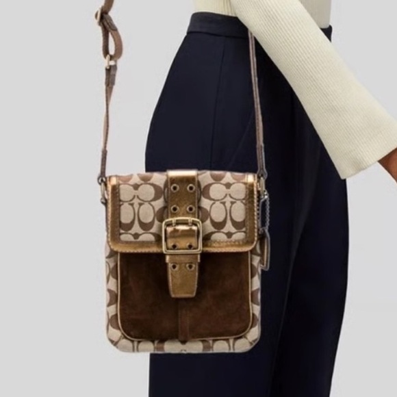 Coach Legacy Suede Signature Canvas Bronze Brown Buckle Flap Crossbody Bag 7x8x1 - Picture 7 of 16